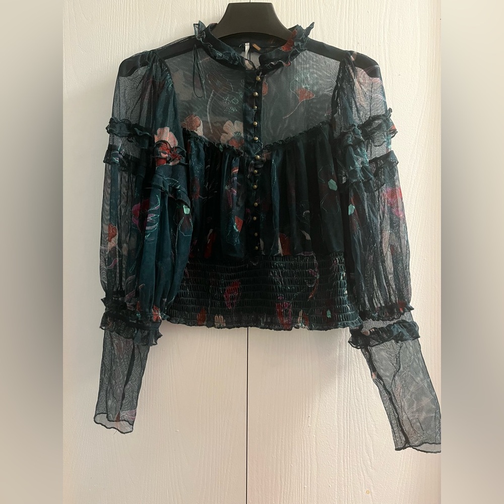 Free People Time For Shine Mesh Floral Smocked Blouse L - Picture 1 of 6